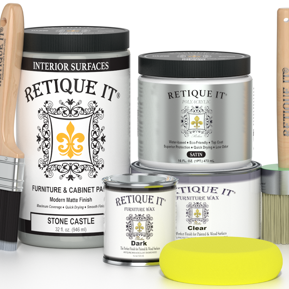Retique It furniture care products including paint, wax, and polish on a white background.