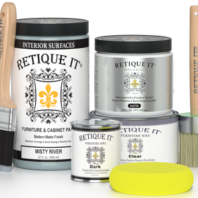 Retique It furniture care products including paint, wax, and polish on a white background