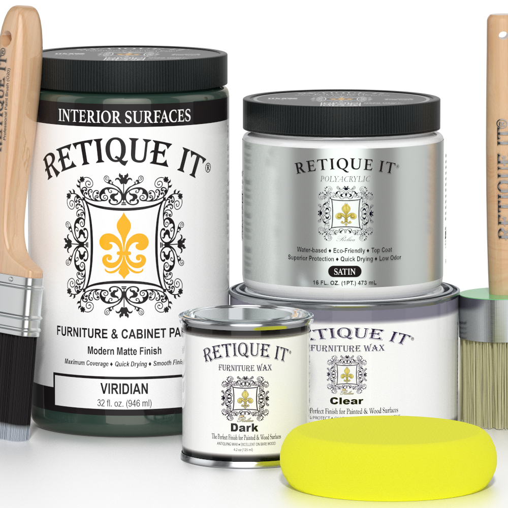 Retique It furniture care products including paint, wax, and polish on a white background