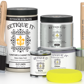 Retique It furniture care products including paint, wax, and polish on a white background