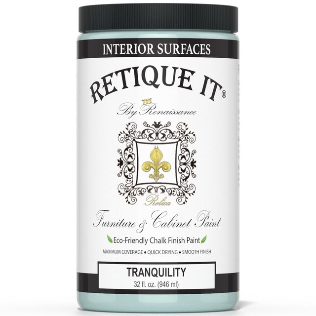 Retique It Tranquility furniture and cabinet paint in a quart container, ideal for refreshing wood surfaces with a smooth finish.