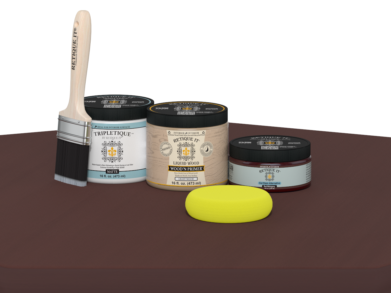 Collection of paint-related products including a brush, jars, and a soap bar on a brown surface.