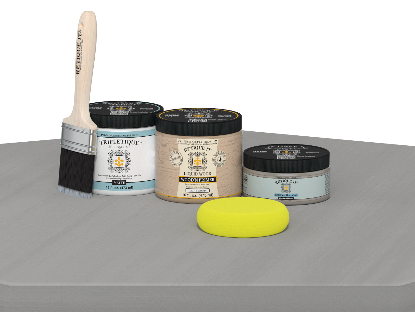 Retique It® Multi-purpose Smooth Finish Kit in Weathered Wood for interior wood projects, showing application tools and finish sample.