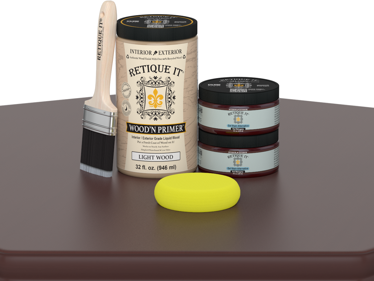 Retique It wood primer with a brush and sponge on a brown surface