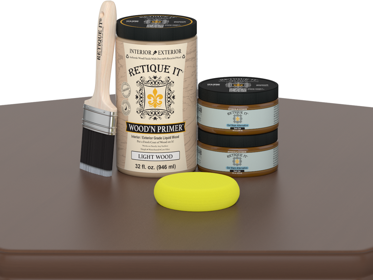 Retique It wood primer set with a brush and sponge on a brown surface