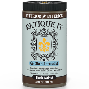 Retique It® Black Walnut gel stain applied to wood surface, showcasing deep brown color and smooth finish for furniture or craft projects.