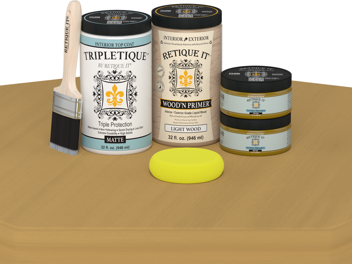 Retique It® Wood'n Finish Kit Large in Old Oak for interior wood surfaces, featuring smooth finish top coat and application tools.