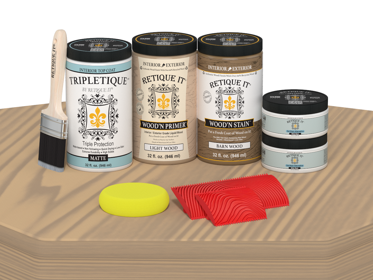 Wooden stain and primer set with tools on a wooden surface