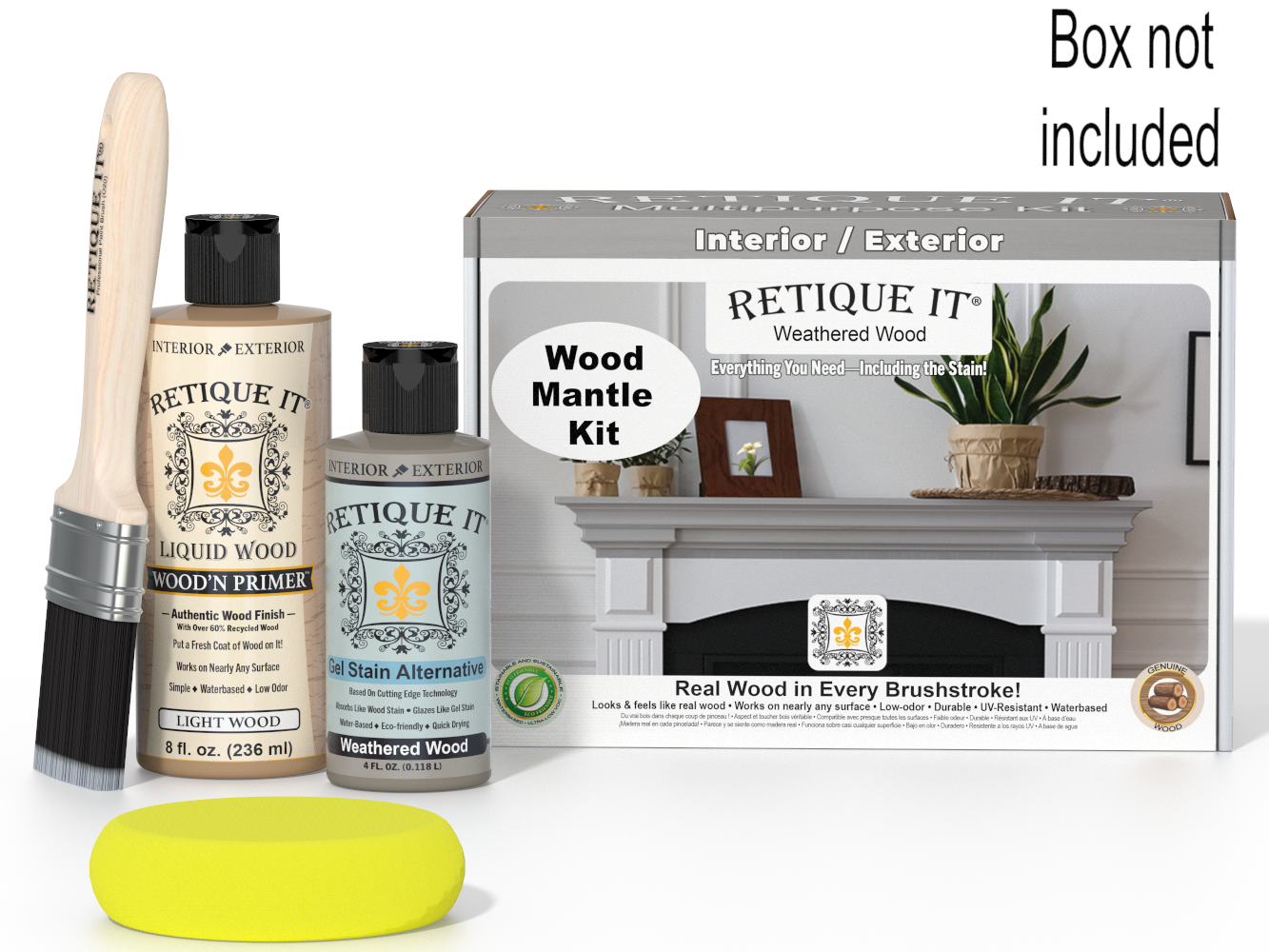 Wooden mantle kit with bottles and a brush, featuring 'Retique It' branding.