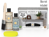 Wooden mantle kit with bottles and a brush, featuring 'Retique It' branding.