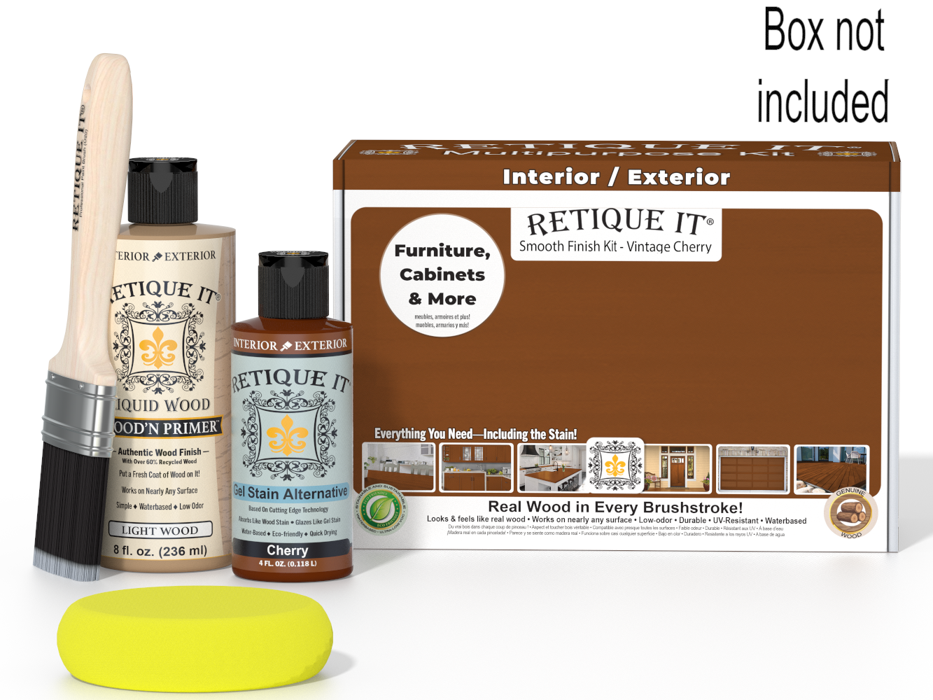 Retique It furniture refinishing kit with bottles, brush, and packaging on a white background