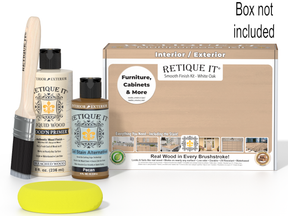 Retique It furniture care products including a bottle, brush, and box on a white background