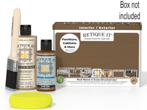 Retique It wood finish kit with bottles, brush, and packaging on a white background