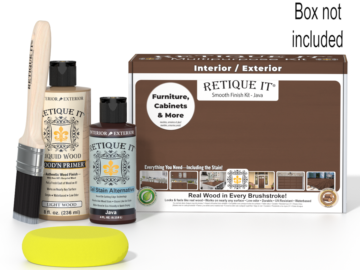 Retique It furniture and cabinet refinishing kit with bottles and a brush on a white background