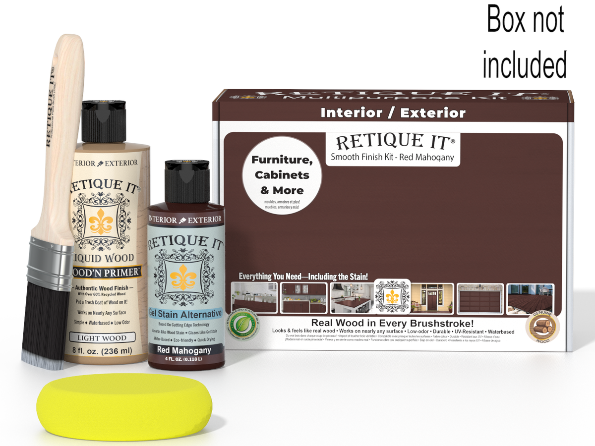 Retique It furniture and cabinet refinishing kit with bottles and brush on a white background