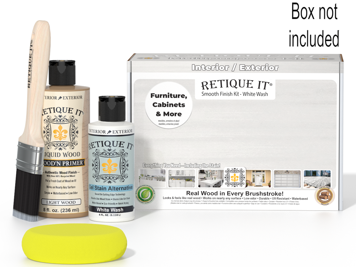 Retique It furniture care products including a bottle, brush, and packaging on a white background.