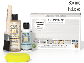 Retique It furniture care products including a bottle, brush, and packaging on a white background.