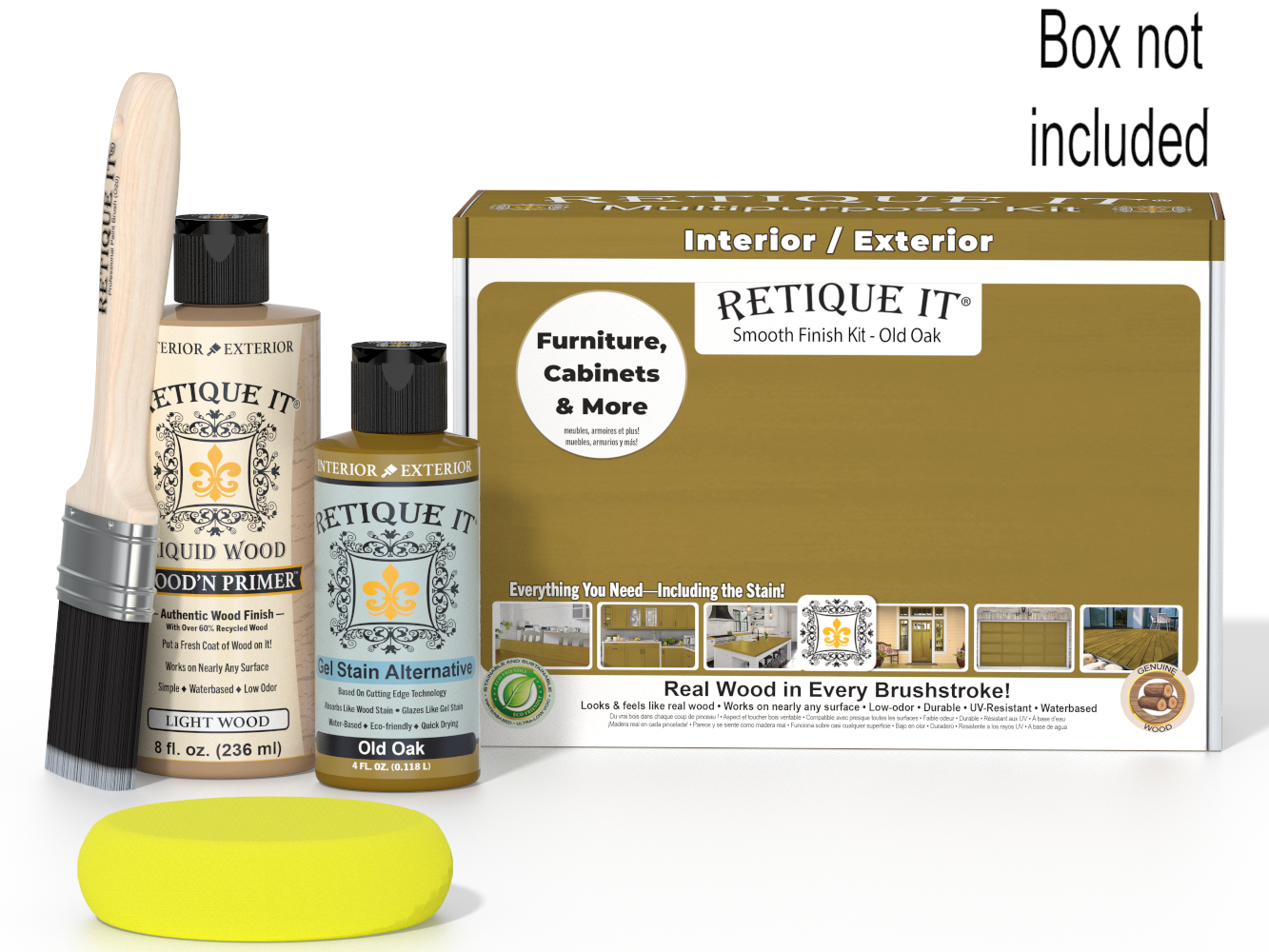 Retique It wood staining kit with bottle, brush, and packaging on a white background