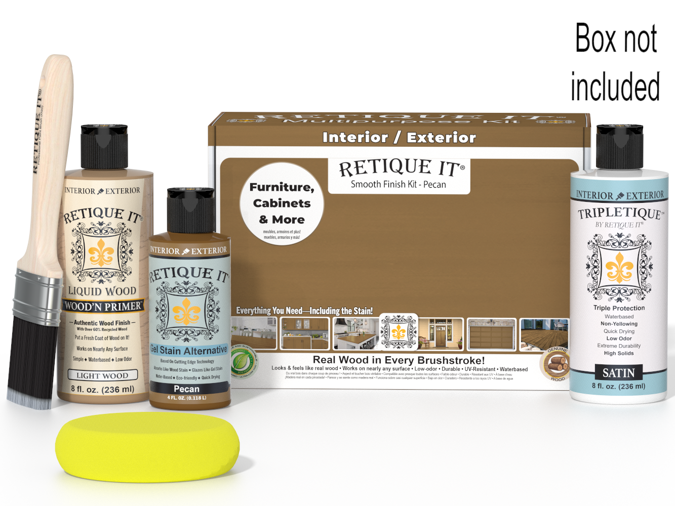 Retique It® wood finish kit with smooth Pecan top coat for interior wood furniture and surfaces.
