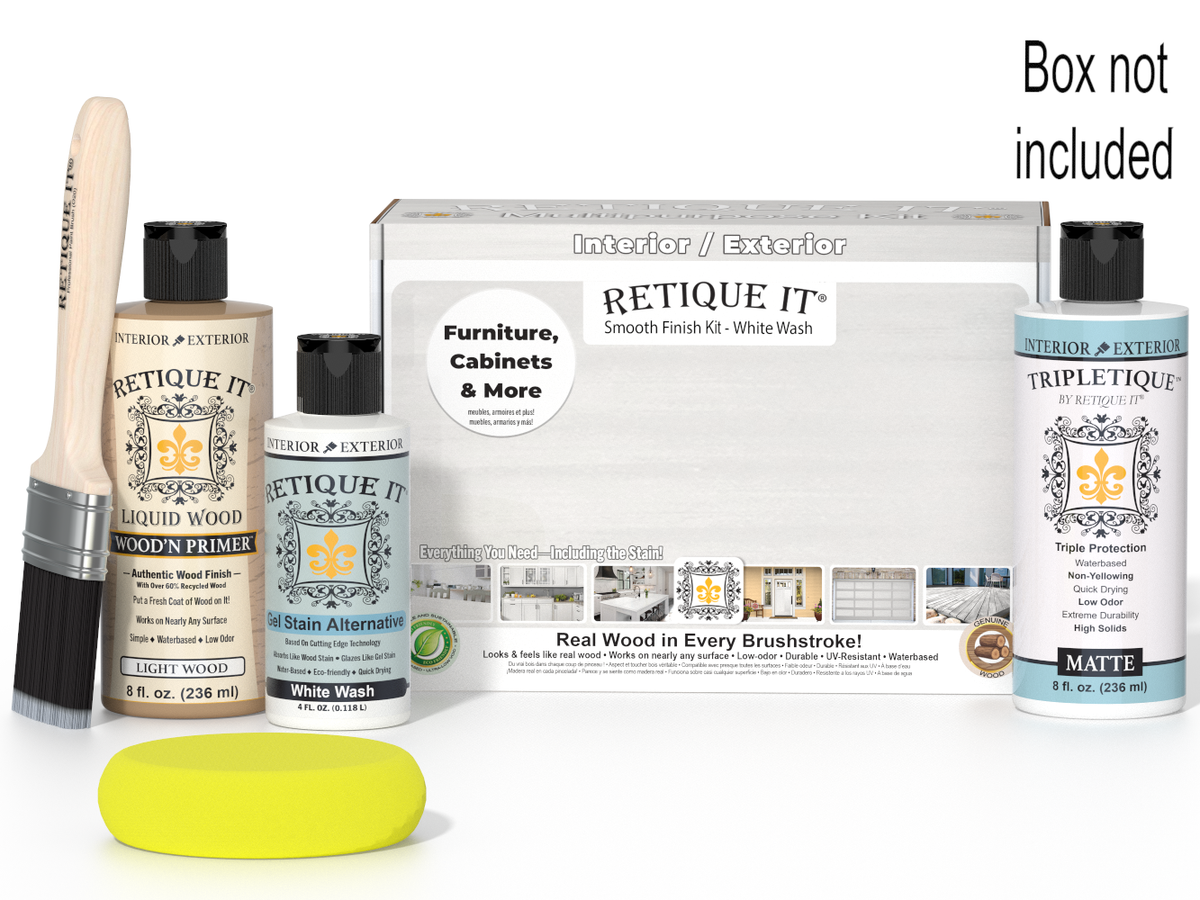 Retique It furniture care products including bottles, a brush, and a box on a white background.