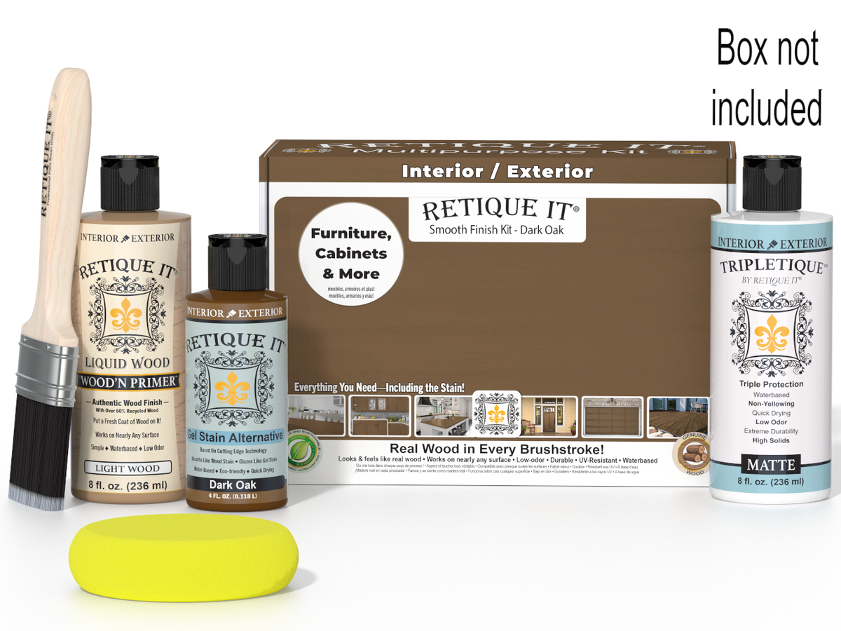 Retique It wood finish kit with bottles, brush, and packaging on a white background