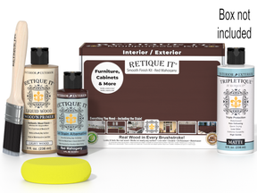 Retique It furniture care kit with bottles, brush, and box on a white background