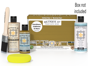 Retique It wood finish kit with bottles, brush, and box on a white background