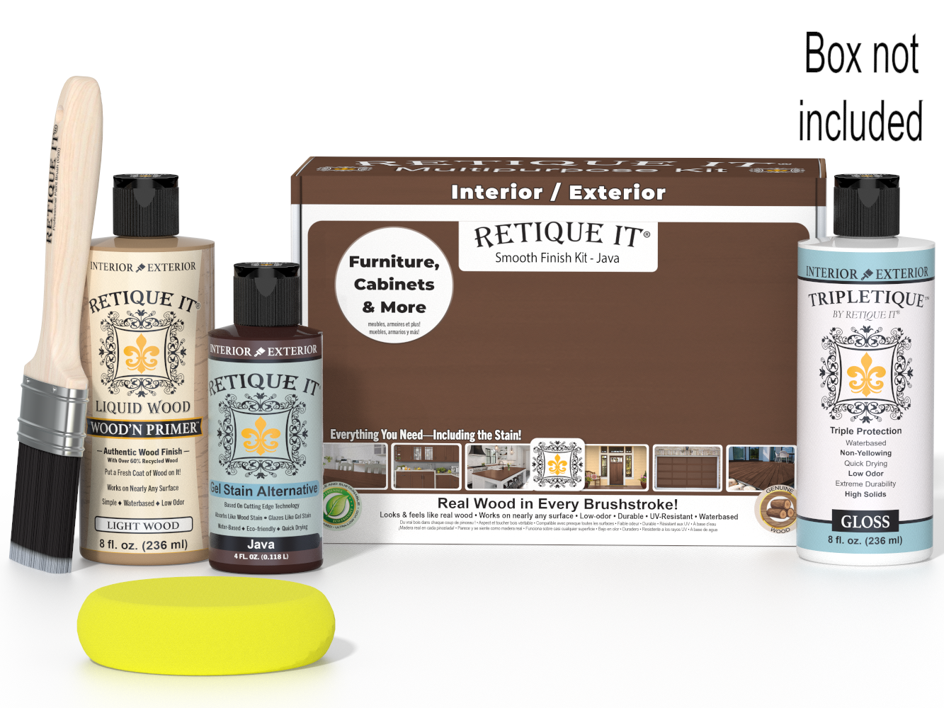 Retique It wood finish kit with bottles, a brush, and a box on a white background