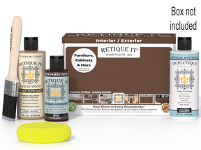 Retique It wood finish kit with bottles, a brush, and a box on a white background