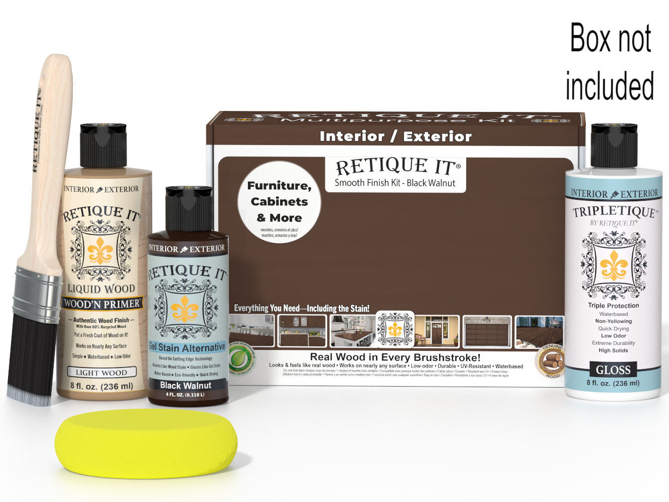 Retique It furniture finish kit with bottles, a brush, and a box on a white background