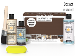 Retique It furniture finish kit with bottles, a brush, and a box on a white background