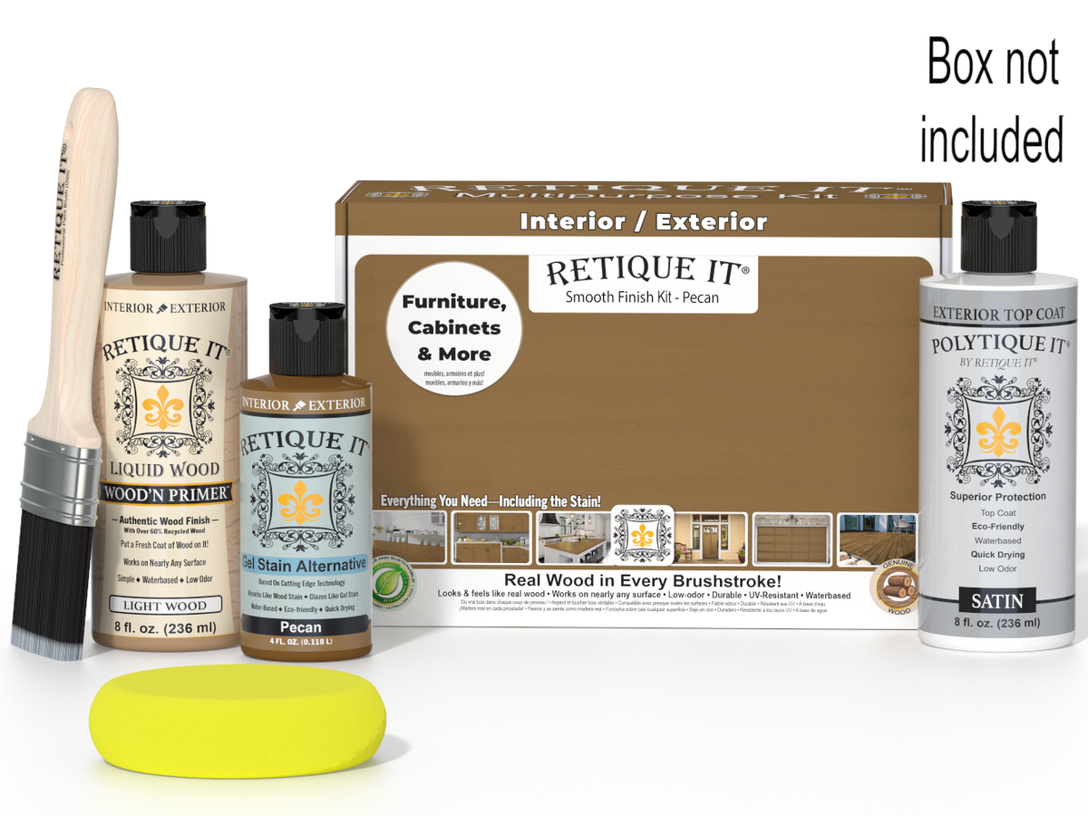 Retique It Multi-purpose Smooth Finish Kit in Pecan for exterior wood, satin top coat with a smooth finish on wood surfaces.