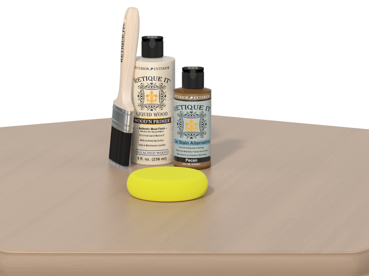 Rectique It wood care products including a brush, bottle, and yellow sponge on a beige surface.