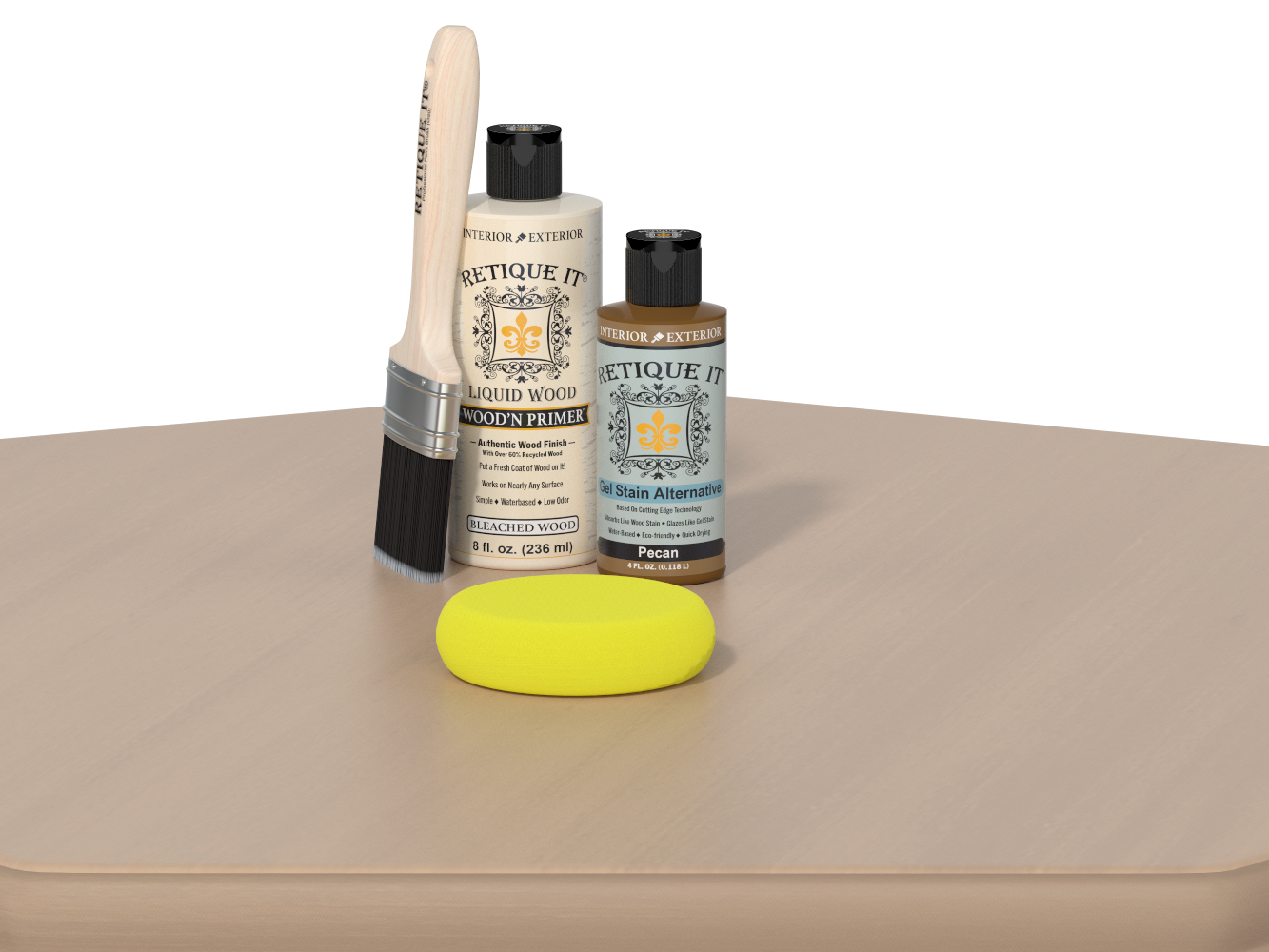 Rectique It wood care products including a brush, bottle, and yellow sponge on a beige surface.
