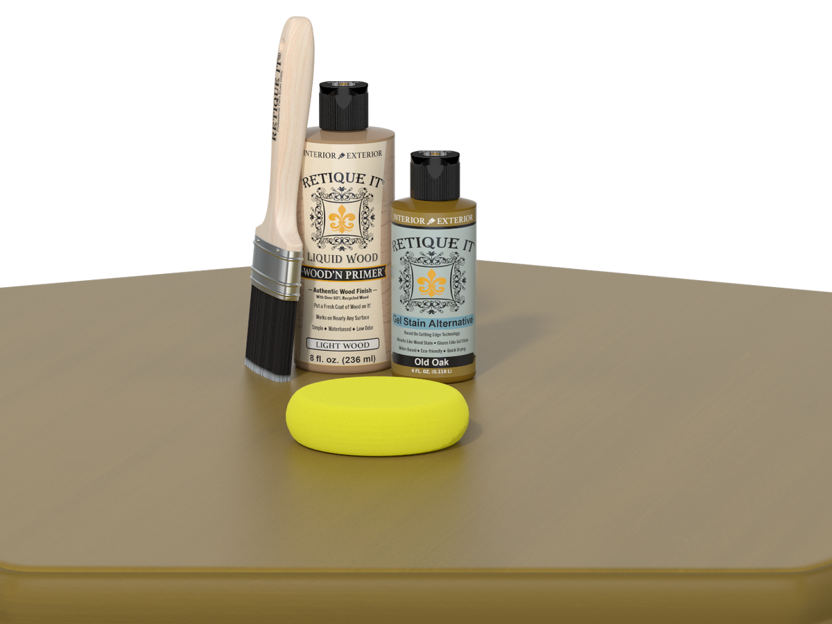 Set of Etiquette Wood Care products including a brush, bottle, and sponge on a beige surface.