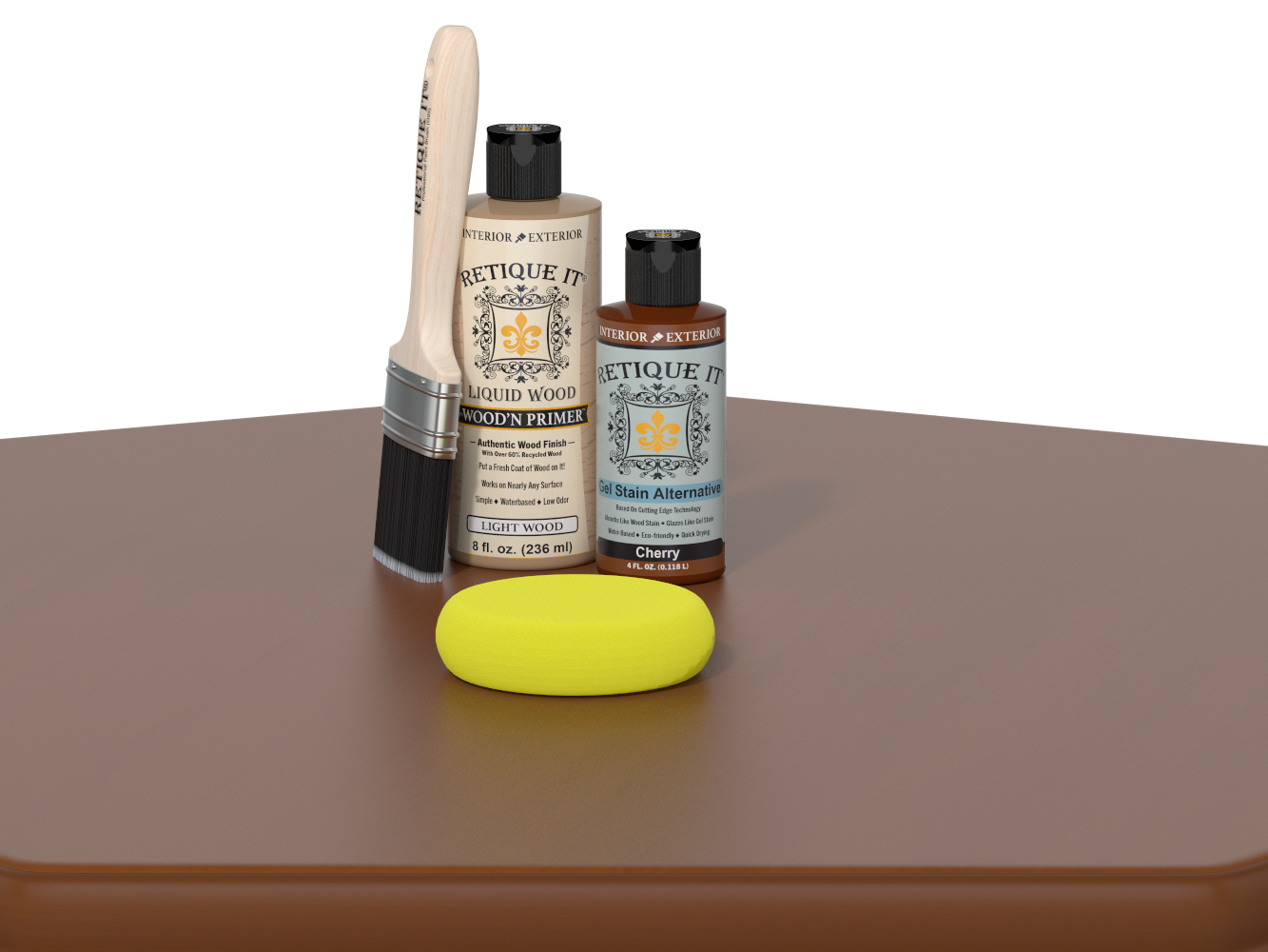 Set of painting supplies including a brush, bottles, and a sponge on a brown surface with a white background.