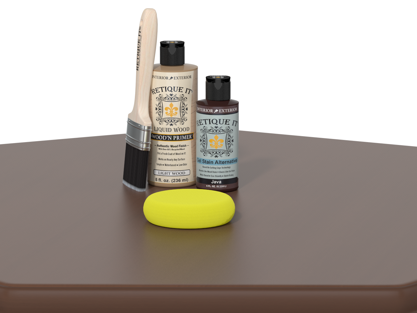Set of Etiquette Wood Care products including a brush, bottle, and yellow sponge on a brown surface.