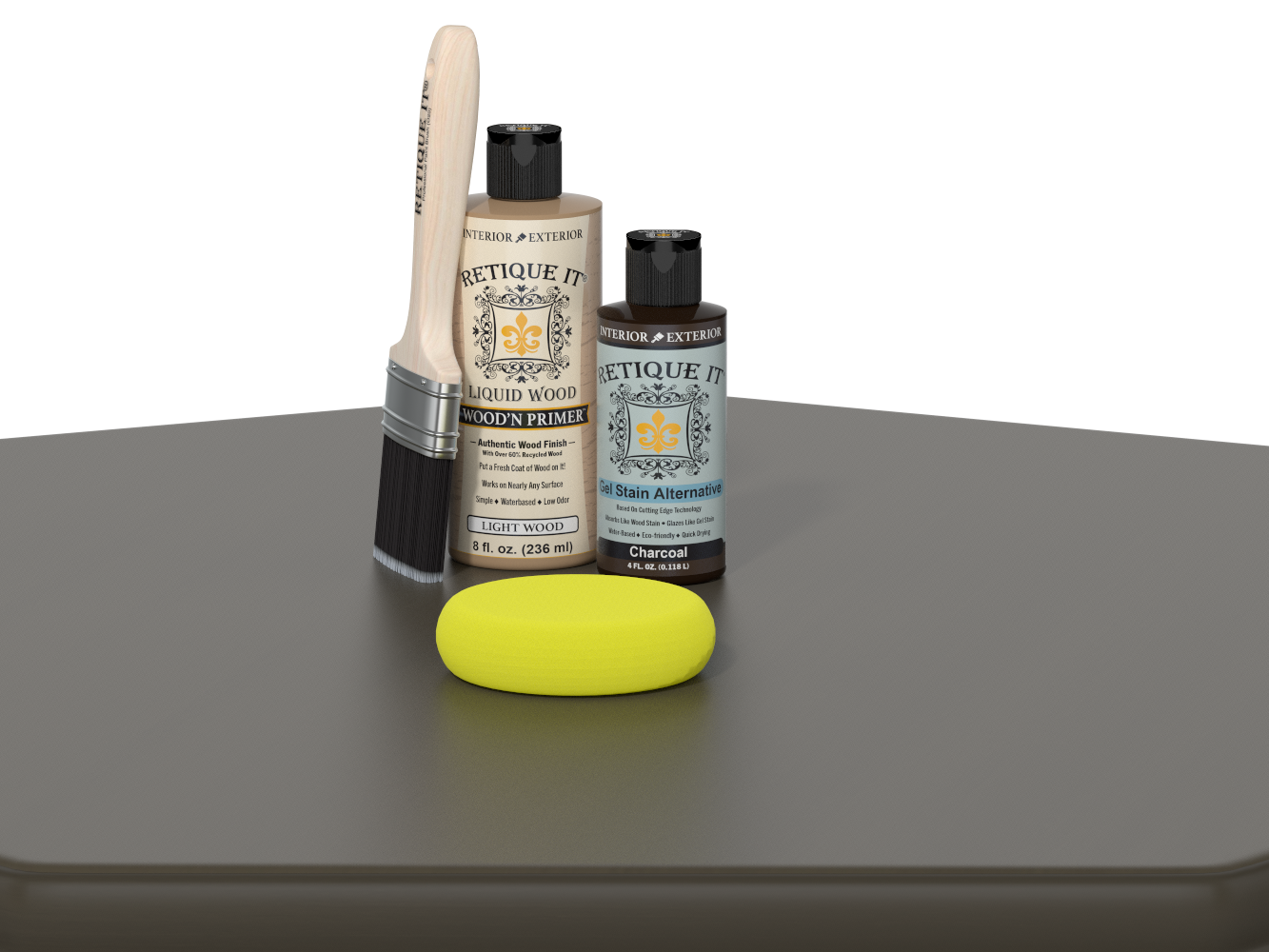 Set of painting supplies including a brush, bottles, and a sponge on a gray surface.