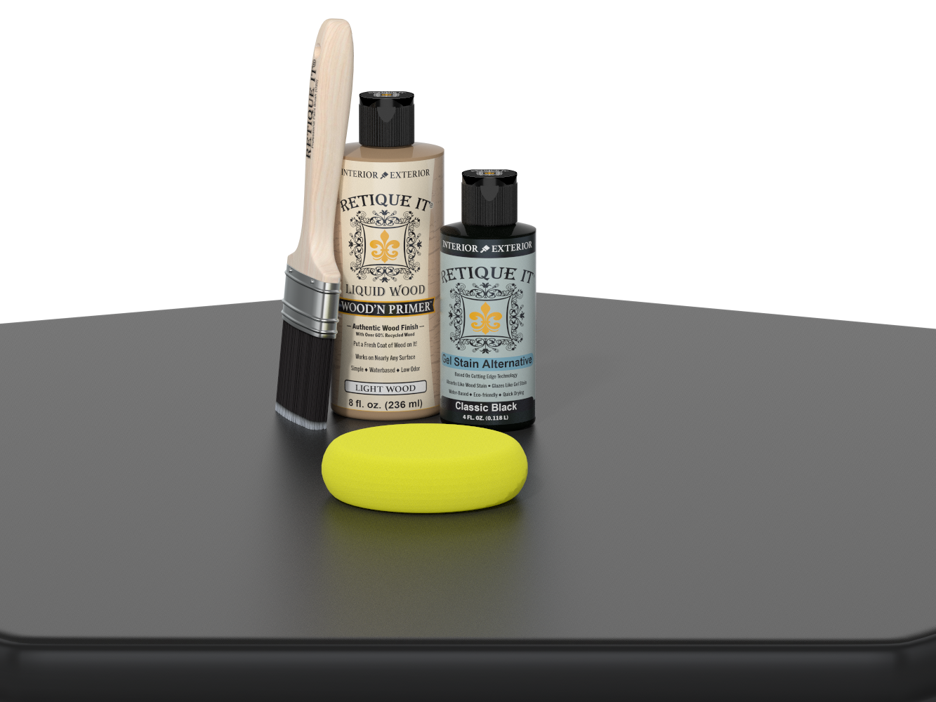 Set of painting supplies including a brush, bottles, and a sponge on a gray surface with a white background.