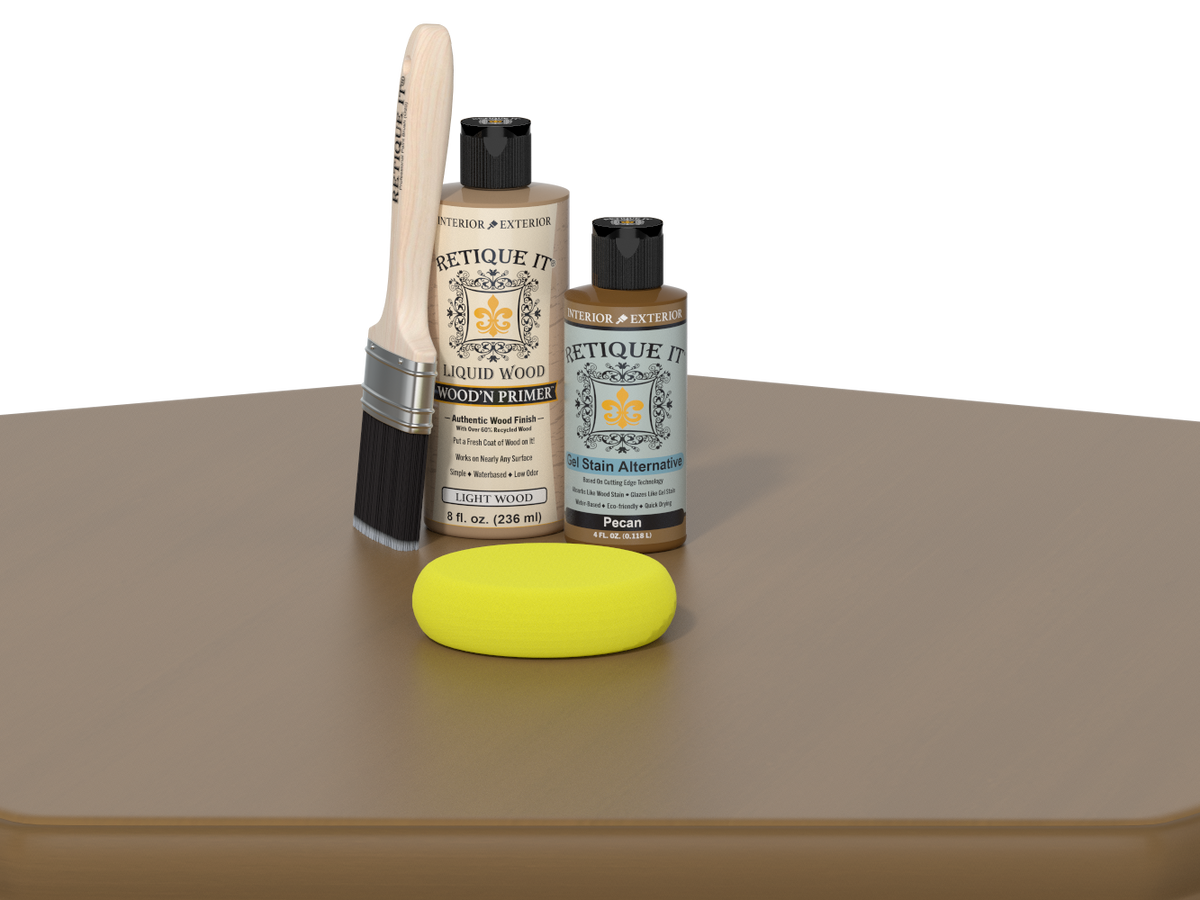 Set of wood care products including a brush, bottles, and a sponge on a brown surface with a white background.