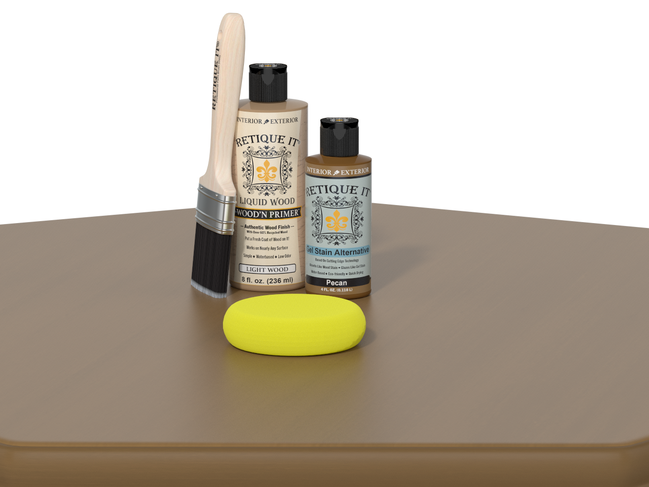 Set of wood care products including a brush, bottles, and a sponge on a brown surface with a white background.