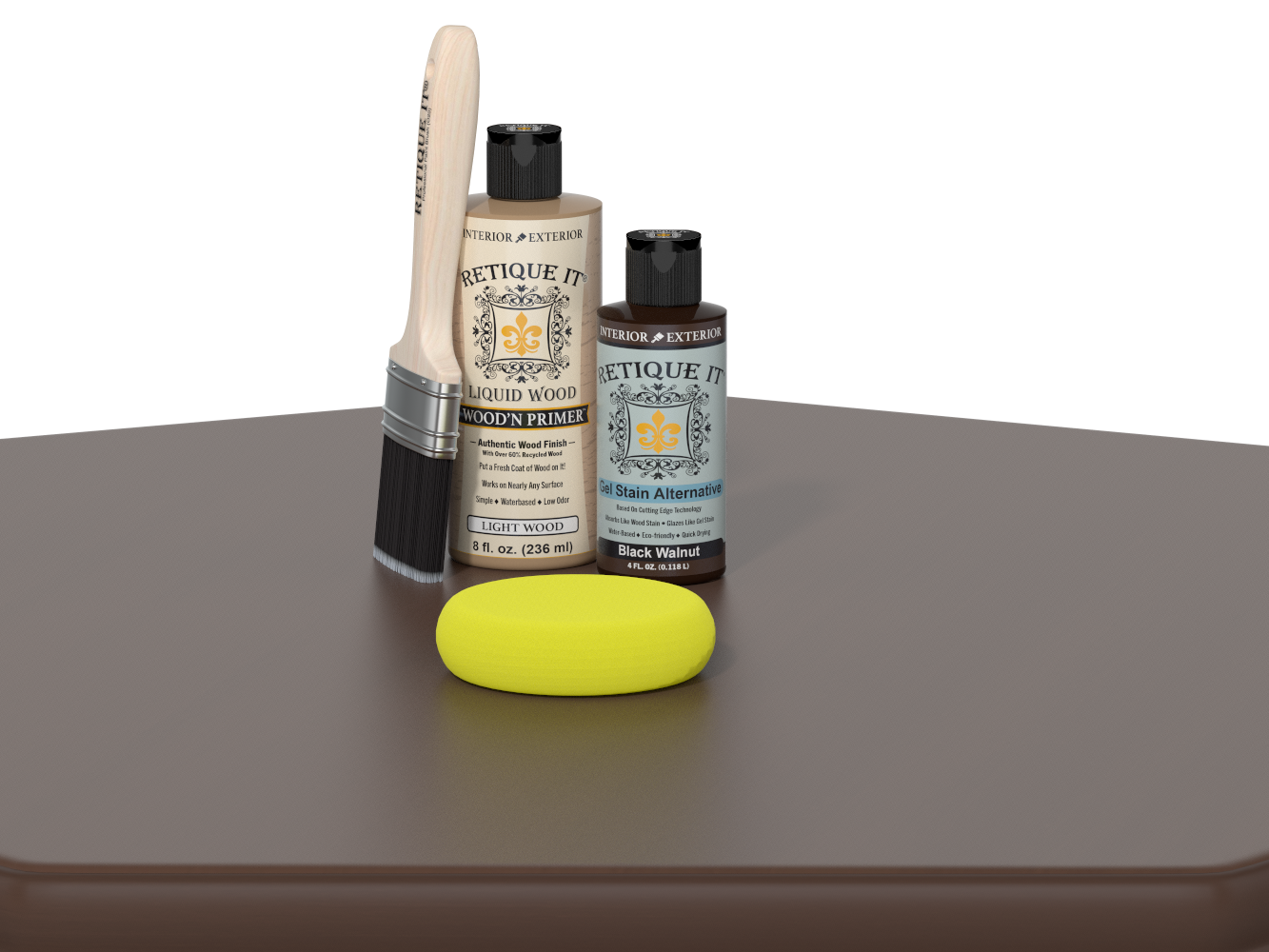 Set of Etiquette Wood Care products including a brush, bottle, and sponge on a gray surface.
