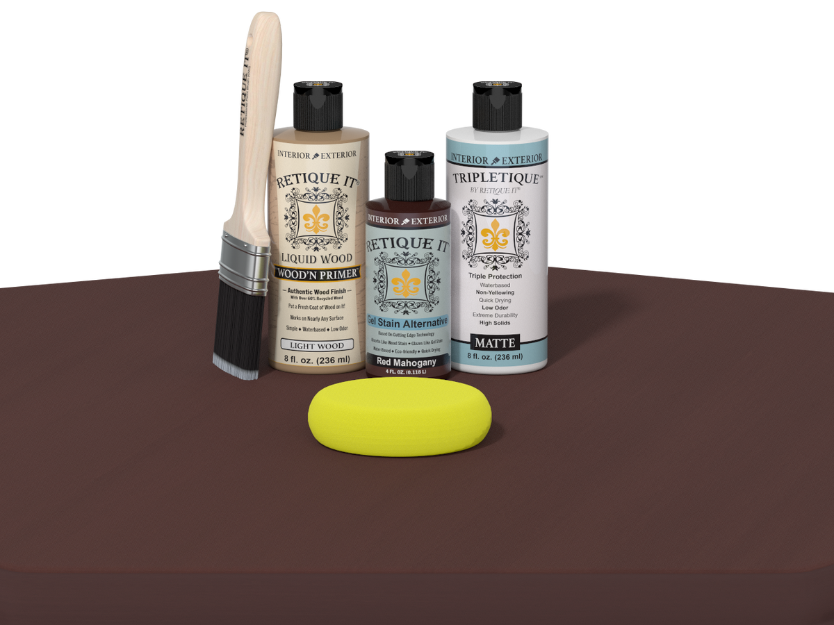 Set of Etickette paint and primer bottles with a brush and sponge on a brown surface