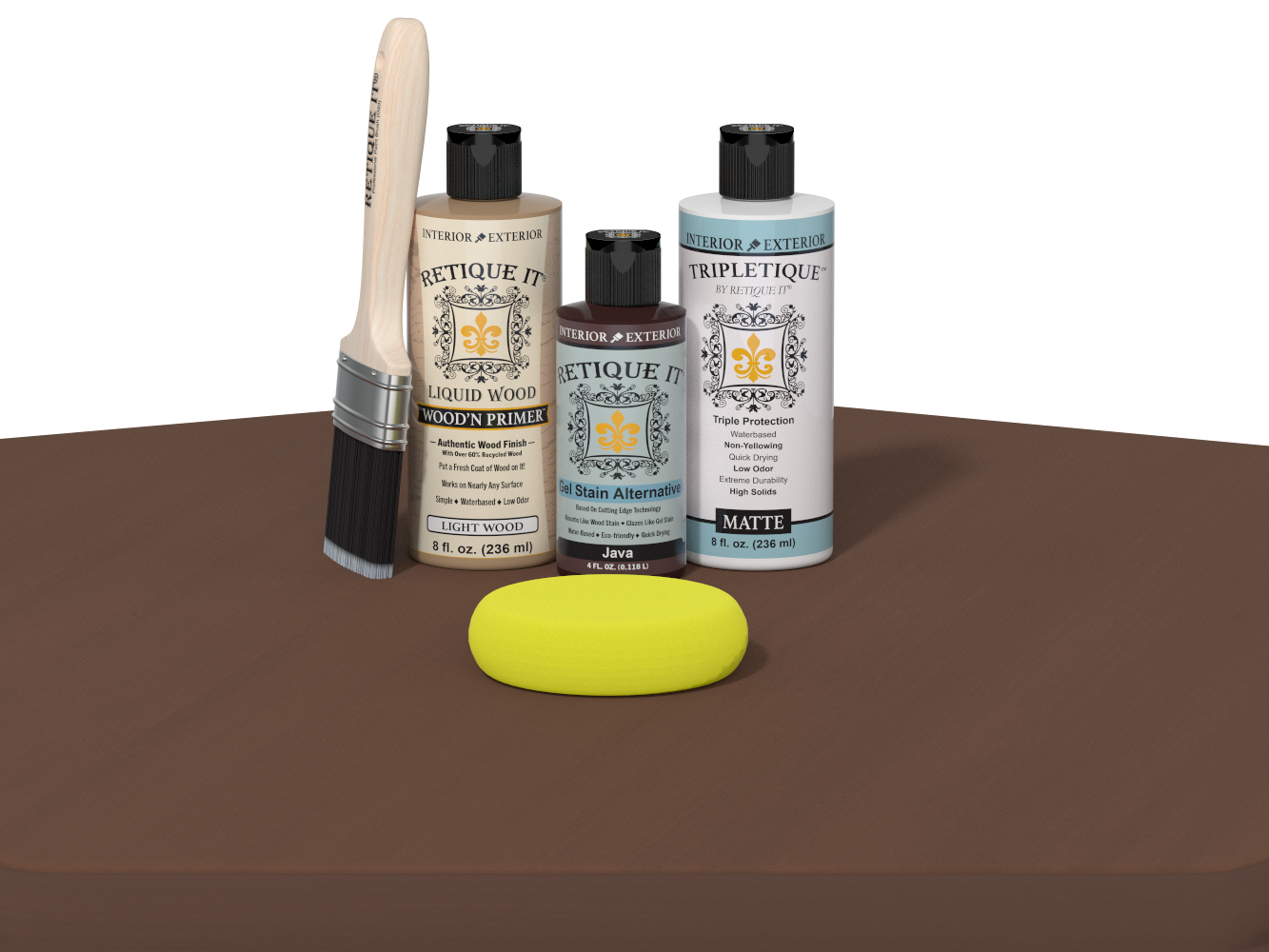 Set of Etickette paint bottles and tools on a brown surface