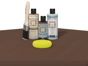 Set of Etickette paint bottles and tools on a brown surface
