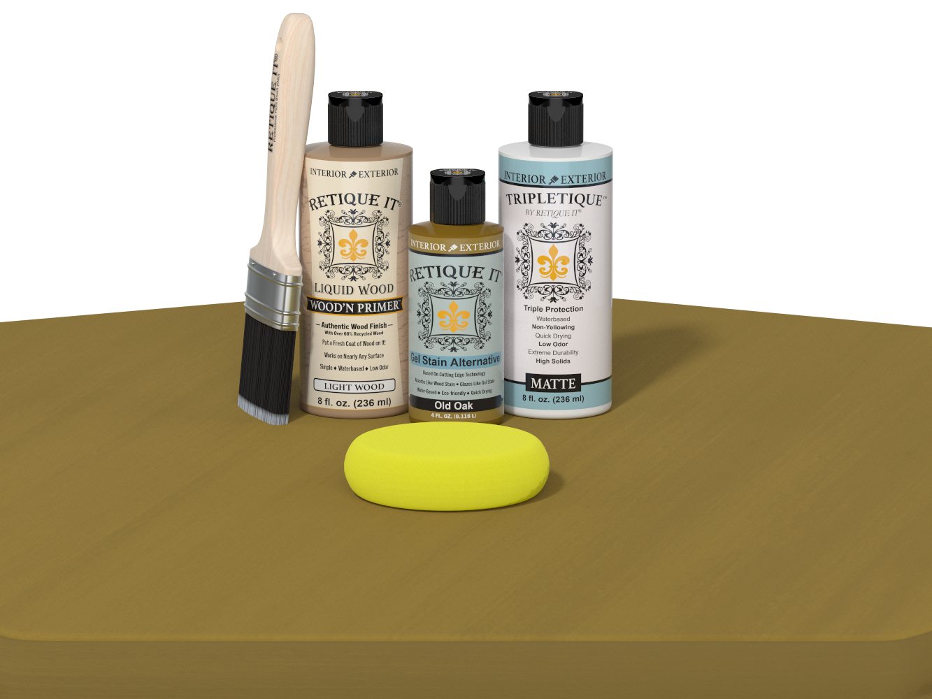 Set of art supplies including bottles, a brush, and a sponge on a brown surface.