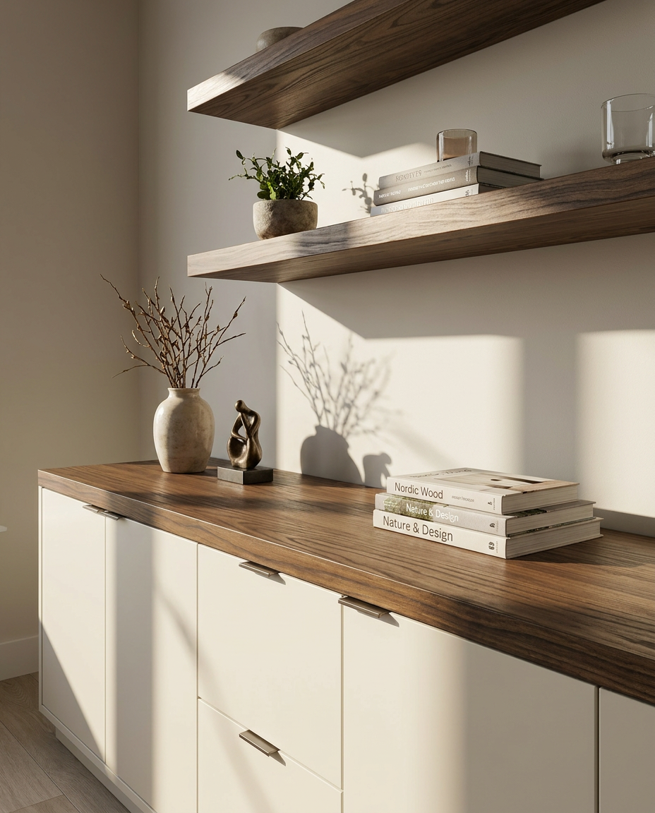 Modern interior with a wooden console table and shelves against a neutral wall.