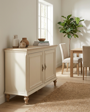 Beige sideboard in a room with a window, plant, and chairs.