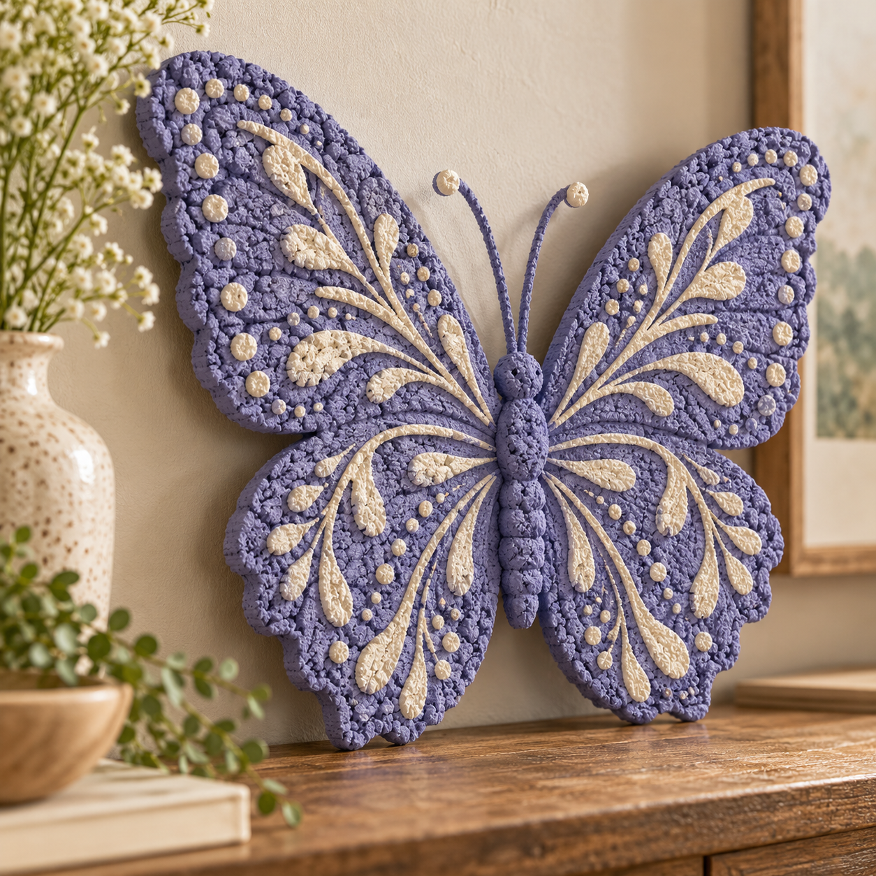 DecoArt Bloom Texture Paint in Bloomed Violet applied to a textured home decor surface