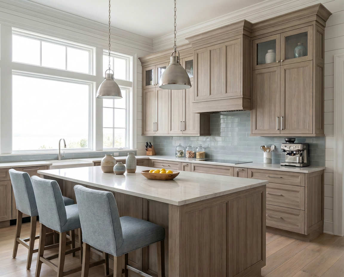 A bright, modern kitchen featuring light oak wood cabinets, a matching island with a white stone countertop, three gray upholstered bar stools, and a light blue tile backsplash.